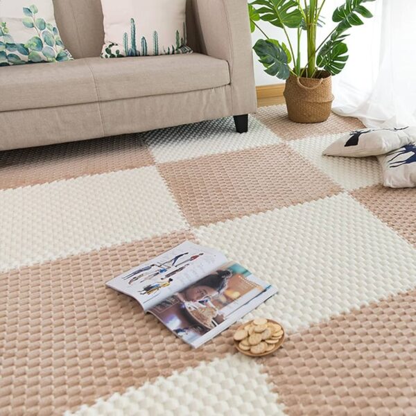 Textured block floor mat in a cozy living room setting