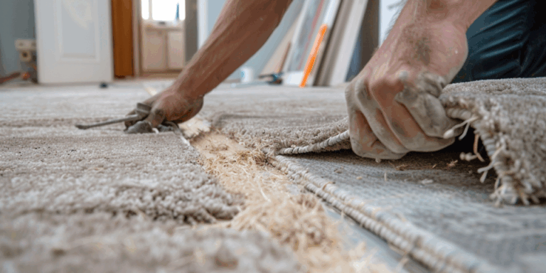 A person laying down carpet in a room, with hands pulling back the carpet to adjust it.