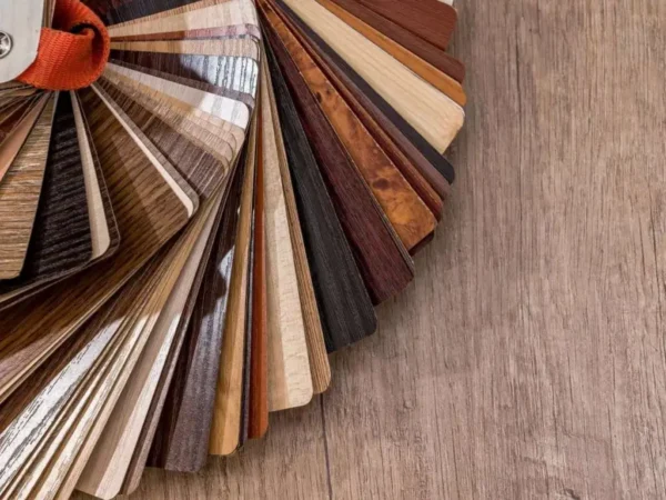 A variety of wood sample color swatches arranged in a fan layout on a wooden surface.